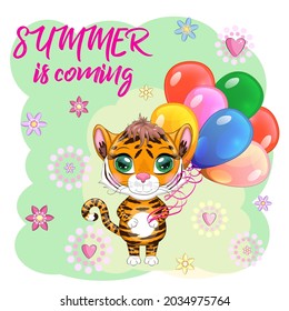 Cute cartoon tiger with beautiful eyes with balloons, greeting card. Summer is coming. Chinese New Year 2022, Christmas
