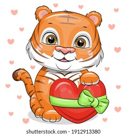 Cute Cartoon Tiger mit einem großen roten Herz. Vektorgrafik eines Tieres auf Herzhintergrund.