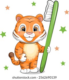 A cute cartoon tiger with a big toothbrush. Vector illustration of an animal on a white background with stars.