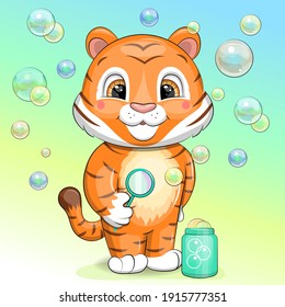 Cute Cartoon Tiger Blowing Bubbles. Vector Illustration Of An Animal On A Colorful Background.