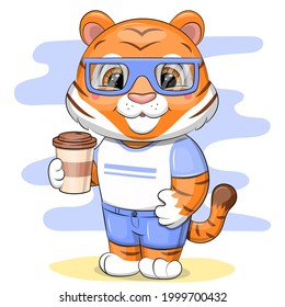 A cute cartoon tiger in blue glasses is holding coffee. Vector illustration of an animal in the morning.