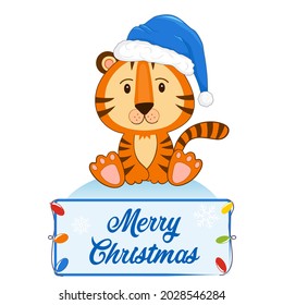 Cute Cartoon Tiger in a blue hat on white isolated background. Symbol 2022 year. Flat style. Merry Christmas.