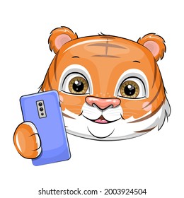 Cute cartoon tiger with blue smartphone. Vector illustration of an animal head isolated on white.