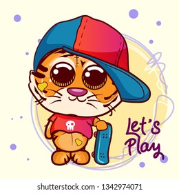 Cute Cartoon tiger boy with skateboard . Can be used for baby t-shirt print, fashion print design, kids wear, baby shower celebration, greeting and invitation card. - Vector