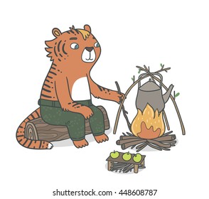 Cute cartoon tiger and camp fire with tea pot. 