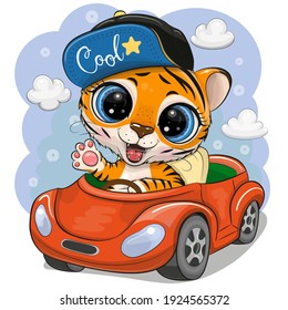 Cute Cartoon Tiger in a cap goes on a Red car