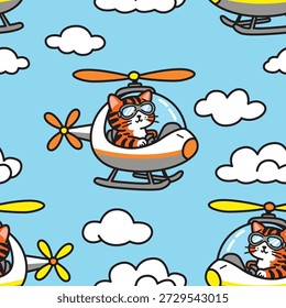 Cute Cartoon Tiger Cat Pilot Flying Helicopter in Blue Sky Pattern 