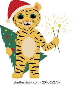 Cute cartoon tiger character. Tiger smiles and holds christmas tree and sparkles. Printing for children's T-shirts, greeting cards, posters. Hand-drawn flat vector stock illustration