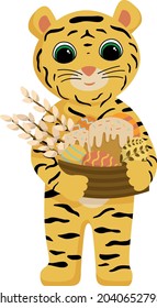 Cute cartoon tiger character. Tiger smiles and holds Earter bascket. Printing for children's T-shirts, greeting cards, posters. Hand-drawn flat vector stock illustration