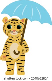 Cute cartoon tiger character. Tiger with umbrella. Printing for children's T-shirts, greeting cards, posters. Hand-drawn flat vector stock illustration