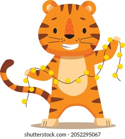 Cute cartoon tiger with Christmas garland. Flat poster for prints, kids cards, posters, t-shirts, and funny avatars. Vector illustration. Greeting card.