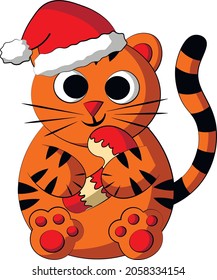Cute cartoon Tiger in christmas hat with candy cane. Draw illustration in color