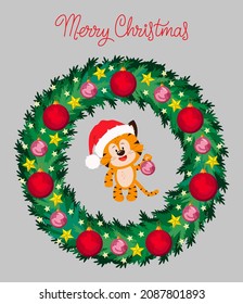 Cute cartoon tiger is in a Christmas wreath. Cute cartoon illustration of a tiger in a Santa hat. Happy New Year greeting card.