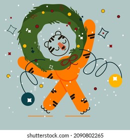 Cute Cartoon Tiger  with christmas wreath
