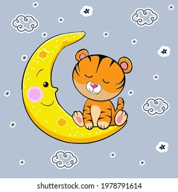 A cute cartoon tiger with closed eyes sleeps on the moon. Vector illustration. A beautiful kitten. Little kitten is sleeping
