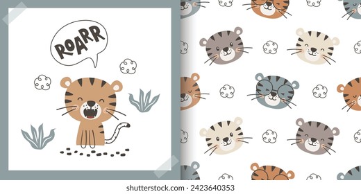 Cute Cartoon Tiger Collection. Tarjeta de dibujos animados y juego de patrones sin fisuras. Dibujaron a mano lindos personajes de doodle Animals Background. Tigre de dibujos animados, plantas y nubes. Ilustración del vector