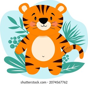 Cute Cartoon Tiger aus dem Wald, einzeln auf weißem Hintergrund. Der lustige Tiger ist das Symbol des Jahres 2022. Vektorgrafik eines Cartoon-Tigers. Neujahr, Weihnachten, Feiertage, Werbehelden.