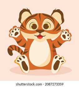Cute Cartoon Tiger concept. Colorful poster with wild smiling animal. Design element for social networks, postcards, covers and prints on children clothing. Cartoon modern flat vector illustration