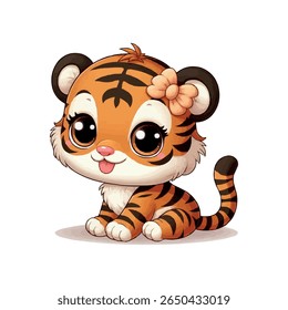 A cute, cartoon tiger cub with big, expressive eyes and a flower accessory on its head sits playfully, sticking its tongue out slightly against a white background.