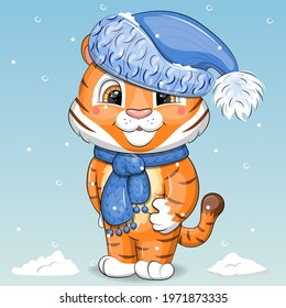 Cute cartoon tiger cub in a blue winter hat and scarf. Winter vector illustration on a blue background with snow.