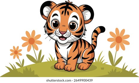 Bonito Desenho Animado Tiger Cub em Bluebell Meadow 