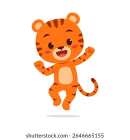 Bonito Desenho Animado Tiger Cub Alegre e pulando com alegria no fundo branco isolado Vetor Ilustração