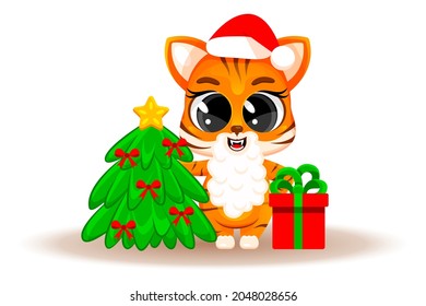 Cute cartoon tiger cub with Christmas tree and gift. Christmas concept, Chinese New Year, a symbol of 2022. Fashionable sticker. Christmas card. Vector illustration isolated on white background.