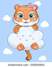 A cute cartoon tiger cub flies on a cloud in the sky. Vector illustration on a blue background.