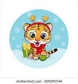 Cute cartoon tiger cub with a gift on a blue background. Vector illustration