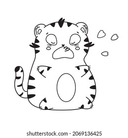 Cute cartoon tiger cub with hearts for coloring. Enamored tiger. Kawaii. The symbol of 2022. Isolated contour vector illustration on a white background. Use as a decorative element for postcards.Eps10