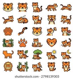 Cute Cartoon Tiger and Cub Icon Set, Adorable Tiger Illustration and Sticker Collection, Kawaii Tiger Character Vector Graphic Pack, Variety of Playful Tiger and Jungle Animal Icons.