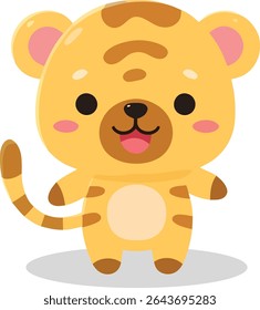 A cute cartoon tiger cub with a light yellow body, brown stripes, round ears, and a striped tail stands upright. It has a happy expression.
