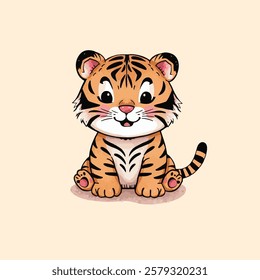 A cute cartoon tiger cub with orange fur, black stripes, and pink paws is sitting happily on a beige background.