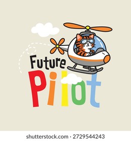 Cute Tiger Cub Piloto de Dibujos Animados Volando un Helicóptero 