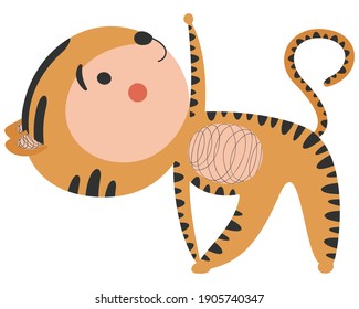 Cute cartoon tiger cub practicing Trikonasana - triangle pose on white background. Vector.