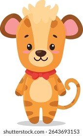 A cute cartoon tiger cub with a red bowtie, tan fur, and brown stripes stands upright with a curly tail.