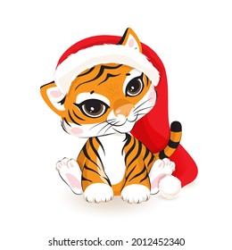 Cute cartoon tiger cub sitting in red Santa hat. 2022 chinese new year zodiac, horoscope symbol. Merry Christmas and New year card, T-shirt print, cover for kids. Vector illustration isolated on white