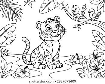 A cute cartoon tiger cub sitting and looking up at two birds on a tree branch in a tropical jungle, coloring page for kids.