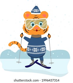 Cute cartoon tiger cub skier in a winter sweater and hat with skis and poles on a snowy background. Vector illustration, print, template for postcards, calendar, sticker, etc.
