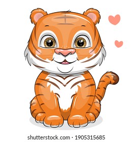 Un tigre de dibujos animados con dos corazones. Ilustración de animales vectores aislados en blanco.