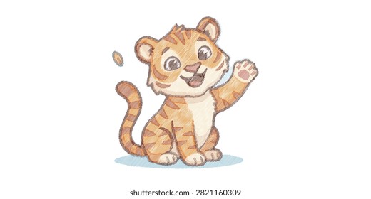 Cute cartoon tiger cub waving, showcasing innocence and curiosity in a vibrant, colorful style.