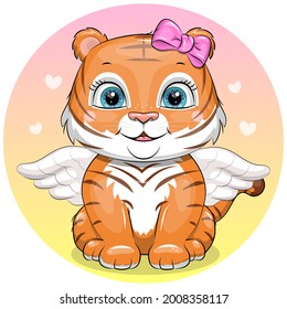 Cute cartoon tiger cub with wings and pink bow. Vector illustration of animal angel. 