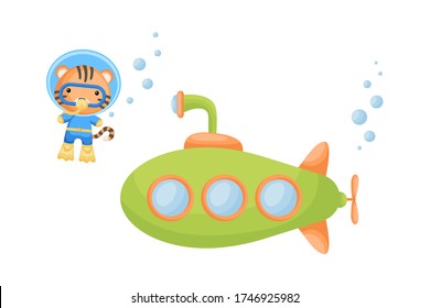 Tigre de dibujos animados con traje de buceo nadando bajo el agua cerca del submarino. Diseño de camiseta, álbum, tarjeta, invitación. Ilustración vectorial plana aislada en fondo blanco.