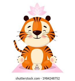 Cute cartoon tiger doing yoga, sitting in lotus pose. Symbol of 2022, year of the tiger. Vector illustration isolated on white background