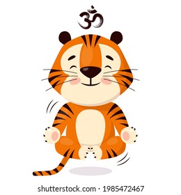 Tigre de dibujos animados haciendo yoga, levitas sentados en la pose del loto. Símbolo de 2022, año del tigre. Ilustración del vector aislada en fondo blanco