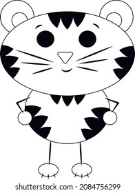Cute cartoon Tiger. Draw illustration in black and white