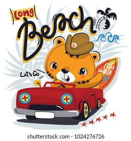 Cute cartoon tiger driving a red car with surfboard on tropical background illustration vector.