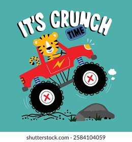 Cute cartoon tiger driving a red monster truck jumping over rocks in an off-road race. Extreme sports concept
