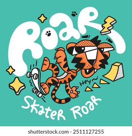 Tigre de desenho animado bonito apreciando skate em um estilo retro, com cores brilhantes e linhagem bonito. A adição das palavras 'Roar' e 'Skater Roar' no vetor de ilustração de fundo isolado.