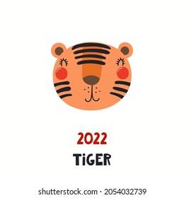 Cute cartoon tiger face, Asian zodiac sign, astrological symbol, isolated on white. Hand drawn vector illustration. Flat style design. 2022 Chinese New Year card, banner, poster, horoscope element.